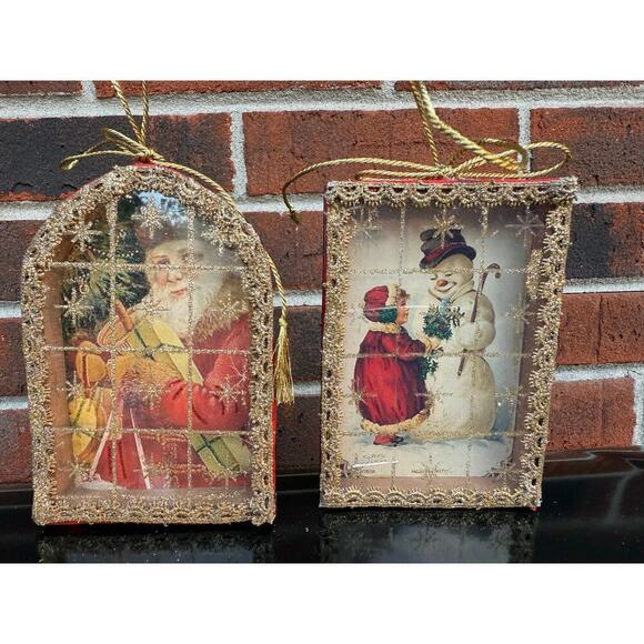 Vintage Handmade Christmas Shadow Box Ornaments Frosty and Old World Santa - Picture 3 of 4